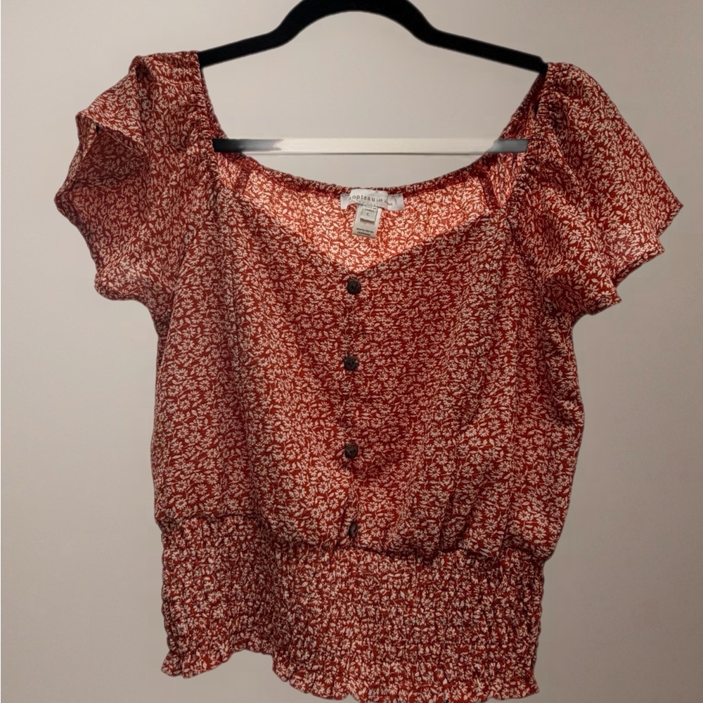 Monteau Los Angeles Rust Floral Smocked Boho Blouse